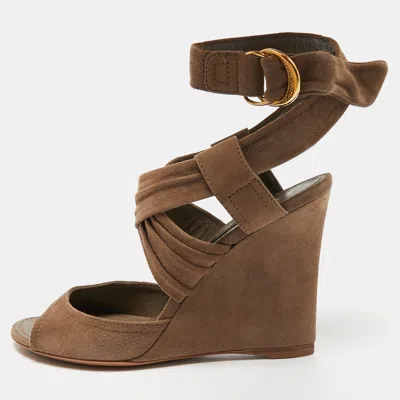 Pre-owned Louis Vuitton Brown Suede Criss Cross Ankle Wrap Wedge Sandals Size 37