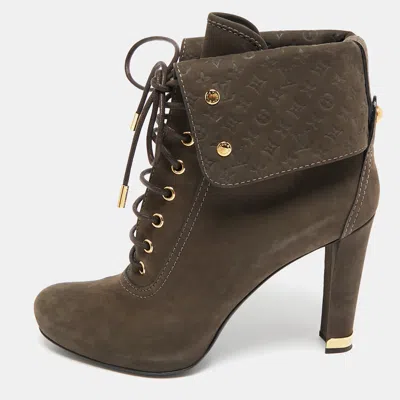 Pre-owned Louis Vuitton Brown Suede Empreinte Fold Over Lace Up Ankle Boots Size 40.5