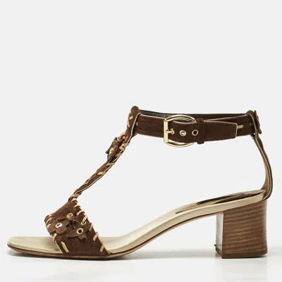 Pre-owned Louis Vuitton Brown Suede T-strap Sandals Size 39