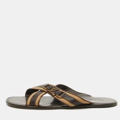 Pre-owned Louis Vuitton Brown/beige Leather And Fabric Criss-cross Flat Sandals Size 44
