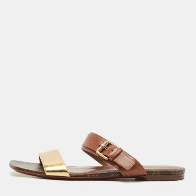 Pre-owned Louis Vuitton Brown/gold Leather And Monogram Canvas Buckle Flat Sandals Size 41