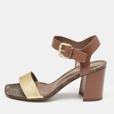 Pre-owned Louis Vuitton Brown/gold Leather Bloom Ankle Strap Sandals Size 36
