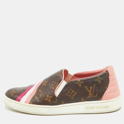 Pre-owned Louis Vuitton Brown/pink Leather And Canvas Frontrow Sneakers Size 36.5