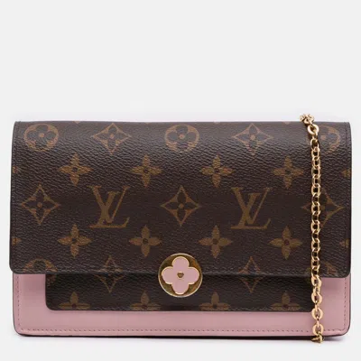 Pre-owned Louis Vuitton Brown/pink Monogram Flore Wallet On Chain