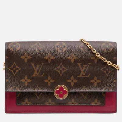 Pre-owned Louis Vuitton Brown/red Monogram Flore Wallet On Chain