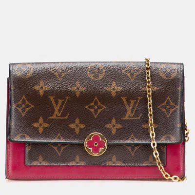 Pre-owned Louis Vuitton Brown/red Monogram Flore Wallet On Chain