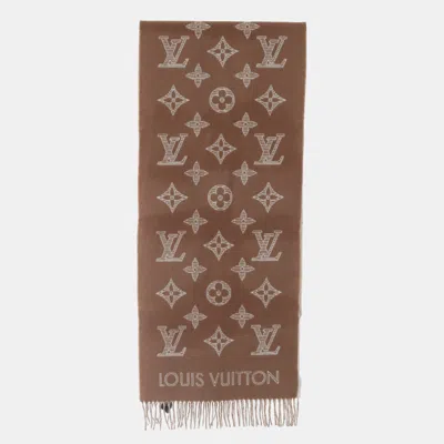 Pre-owned Louis Vuitton Brown/white Cashmere Wool Monogram Shadow Noisette Scarf