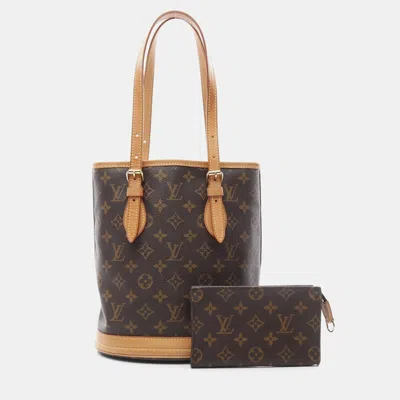 Pre-owned Louis Vuitton Bucket Pm Shoulder Tote Bag Monogram Canvas Leather In Brown