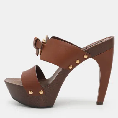 Pre-owned Louis Vuitton Buckle Detail Knot Size 38 Brown Leather Platform Slide Sandals