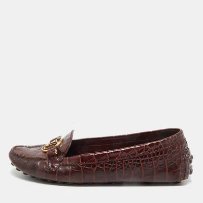 Pre-owned Louis Vuitton Burgundy Croc Embossed Leather Dauphine Loafers Size 38