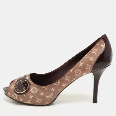 Pre-owned Louis Vuitton Burgundy Mini Lin Canvas And Patent Leather Peep Toe Pumps Size 36