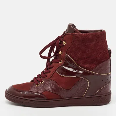 Pre-owned Louis Vuitton Burgundy Monogram Suede And Patent Leather Cliff Top Wedge Sneakers Size 37
