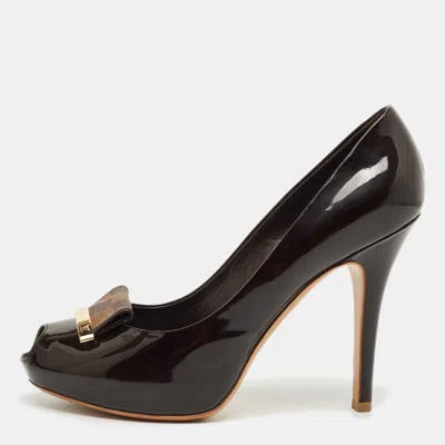 Pre-owned Louis Vuitton Burgundy Patent Leather Damier Bow Peep Toe Pumps Size 40