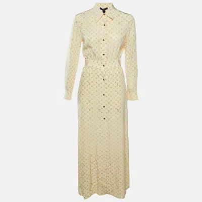 Pre-owned Louis Vuitton Butter Yellow Washed Monogram Silk Crepe Shirt Dress S
