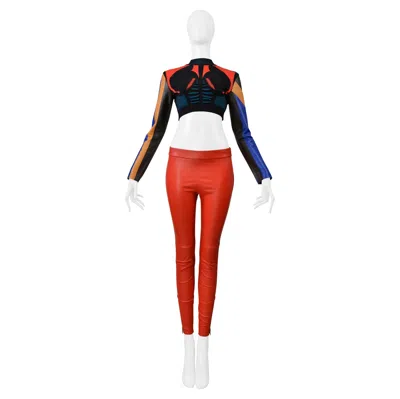 Pre-owned Louis Vuitton By Ghesquiere Multicolor Knit Crop Sweater &red Leather Pants 2016