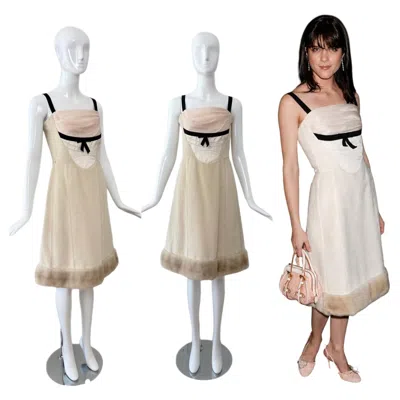 Pre-owned Louis Vuitton By Marc Jacobs 2005 Vintage Mink Fur Trimmed Knee Length Dress In Sand