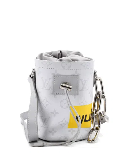 Pre-owned Louis Vuitton Chalk Nano Bag Limited Edition Logo Story Monogram Canvas Bucket Bag In Gray