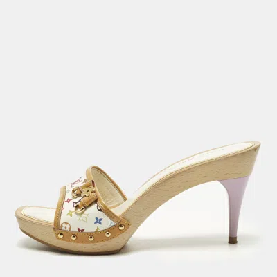 Pre-owned Louis Vuitton Charm Size 39 Multicolor Monogram Canvas And Patent Leather Wooden Slide Sandals