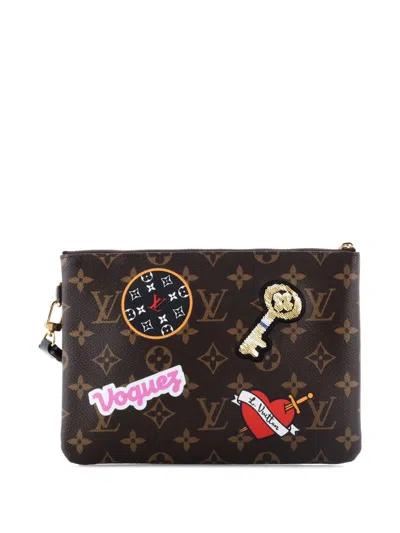 Pre-owned Louis Vuitton City Pouch Limited Edition Patches Monogram Canvas Clutch Bag In Brown