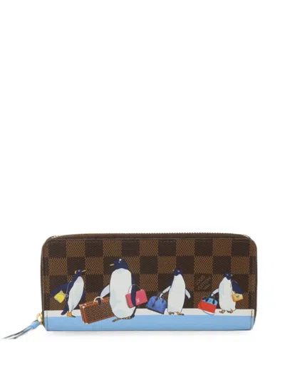 Pre-owned Louis Vuitton Clemence Damier Ebene Penguins Long Wallet In Brown