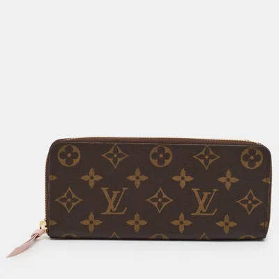 Pre-owned Louis Vuitton Clemence Rose Ballerine Monogram Canvas Zip Around Wallet In Brown