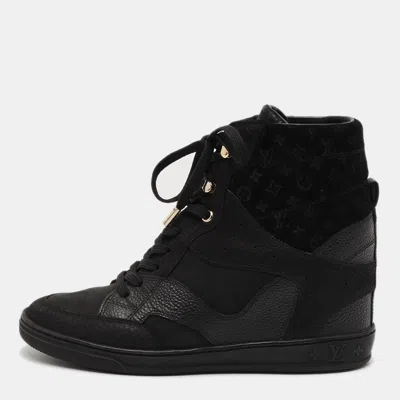 Pre-owned Louis Vuitton Cliff Size 37 Black Monogram Leather And Suede High Top Wedge Sneakers