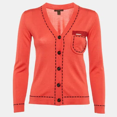 Pre-owned Louis Vuitton Coral Red Contrast Knit Cardigan Xs
