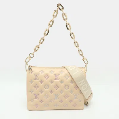 Pre-owned Louis Vuitton Coussin Pm Creme Swarovski Crystals Monogram Motifs Leather Shoulder Bag In White