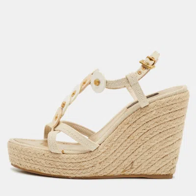 Pre-owned Louis Vuitton Cream Canvas Embellished Wedge Sandals Size 37.5