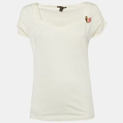 Pre-owned Louis Vuitton Cream Jersey Heart Brooch T-shirt S In White