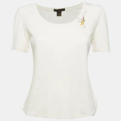 Pre-owned Louis Vuitton Cream Jersey Padlock & Key Detail T-shirt L In White