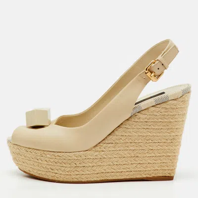 Pre-owned Louis Vuitton Cream Leather Gossip Cube Espadrille Wedge Slingback Pumps Size 38.5 In White