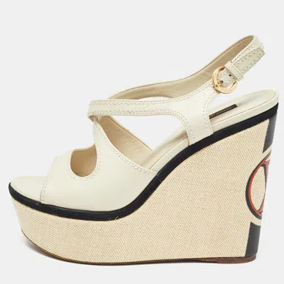 Pre-owned Louis Vuitton Cream Leather Wedge Ankle Strap Sandals Size 38
