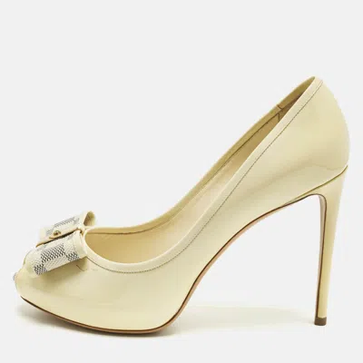 Pre-owned Louis Vuitton Cream Patent Damier Azur Valentine Peep Toe Pumps Size 40 In White