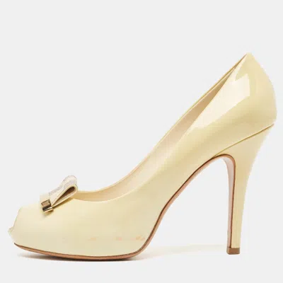 Pre-owned Louis Vuitton Cream Patent Leather Damier Azur Damia Pumps Size 38