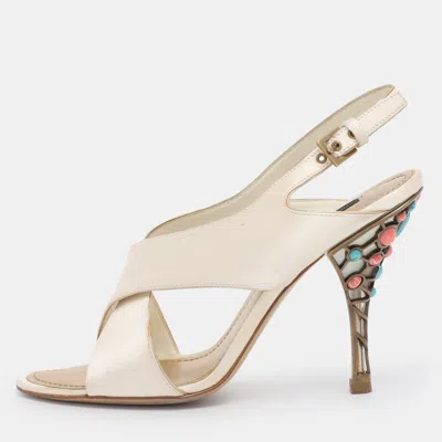 Pre-owned Louis Vuitton Cream Satin Cross Strap Embellished Heel Slingback Sandals Size 38.5 In White