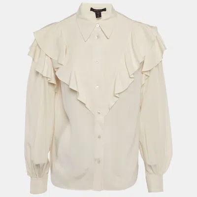 Pre-owned Louis Vuitton Cream Silk Ruffled Shirt M In White