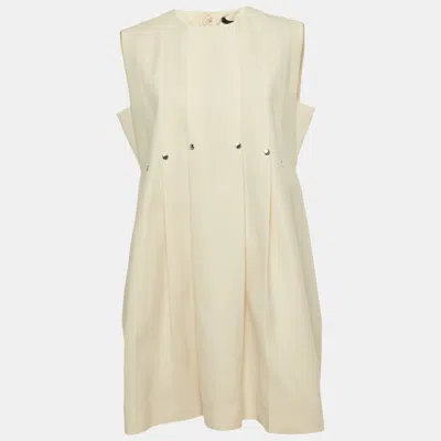Pre-owned Louis Vuitton Cream Wool Pleated Sleeveless Mini Dress M In Sand