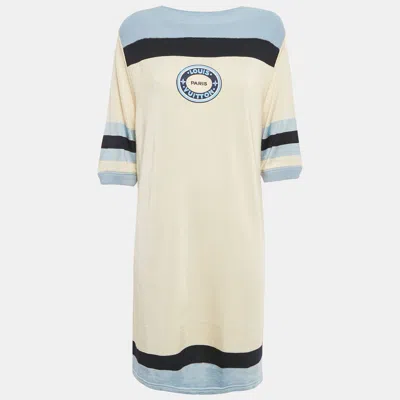 Pre-owned Louis Vuitton Cream/blue Applique Stretch Knit T-shirt Dress L In White