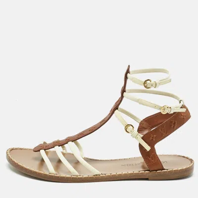 Pre-owned Louis Vuitton Cream/brown Patent And Monogram Leather Key West Flat Sandals Size 39.5 In White