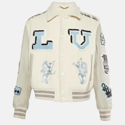 Pre-owned Louis Vuitton Cream/grey Wool And Leather Bugs Bunny Varsity Jacket L In White