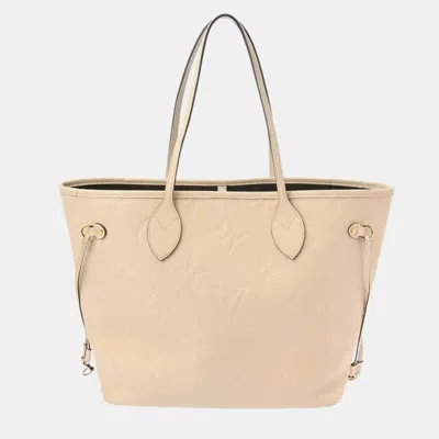 Pre-owned Louis Vuitton Creme Leather Monogram Empreinte Neverfull Mm Tote Bag In White