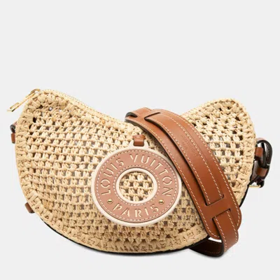 Pre-owned Louis Vuitton Croissant Mm Natural Tan Crochet Raffia Cowhide Leather Shoulder Bag In Sand
