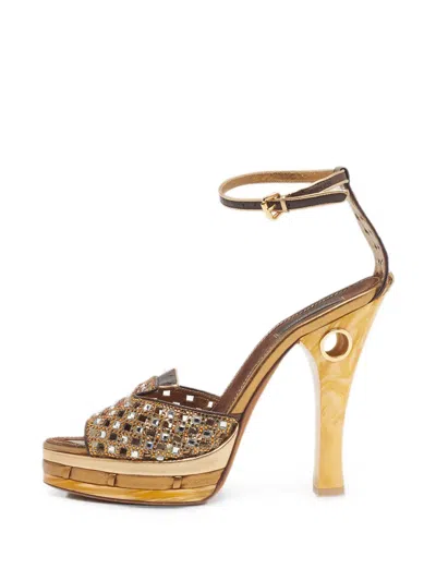 Pre-owned Louis Vuitton Crystal-embellished Ankle-strap Platform Sandals In Gold
