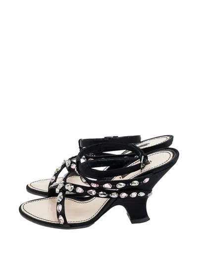 Pre-owned Louis Vuitton Crystal-embellished Ankle-strap Sandals In Black