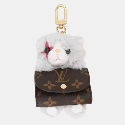 Pre-owned Louis Vuitton Cute Kitten Gray Monogram Canvas Faux Fur Bag Charm In Brown