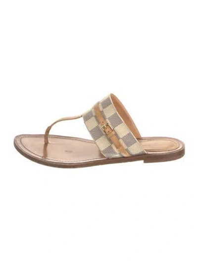 Pre-owned Louis Vuitton Damier Azur Pattern Leather Trim Embellishment Slides In Neutral