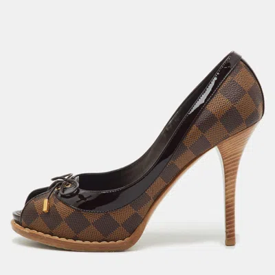 Pre-owned Louis Vuitton Damier Ebene Canvas Palm Beach Peep Toe Pumps Size 37 In Brown