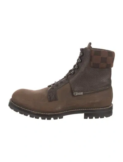 Pre-owned Louis Vuitton Damier Ebene Pattern Leather Lace-up Boots In Brown