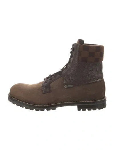Pre-owned Louis Vuitton Damier Ebene Pattern Leather Lace-up Boots In Brown